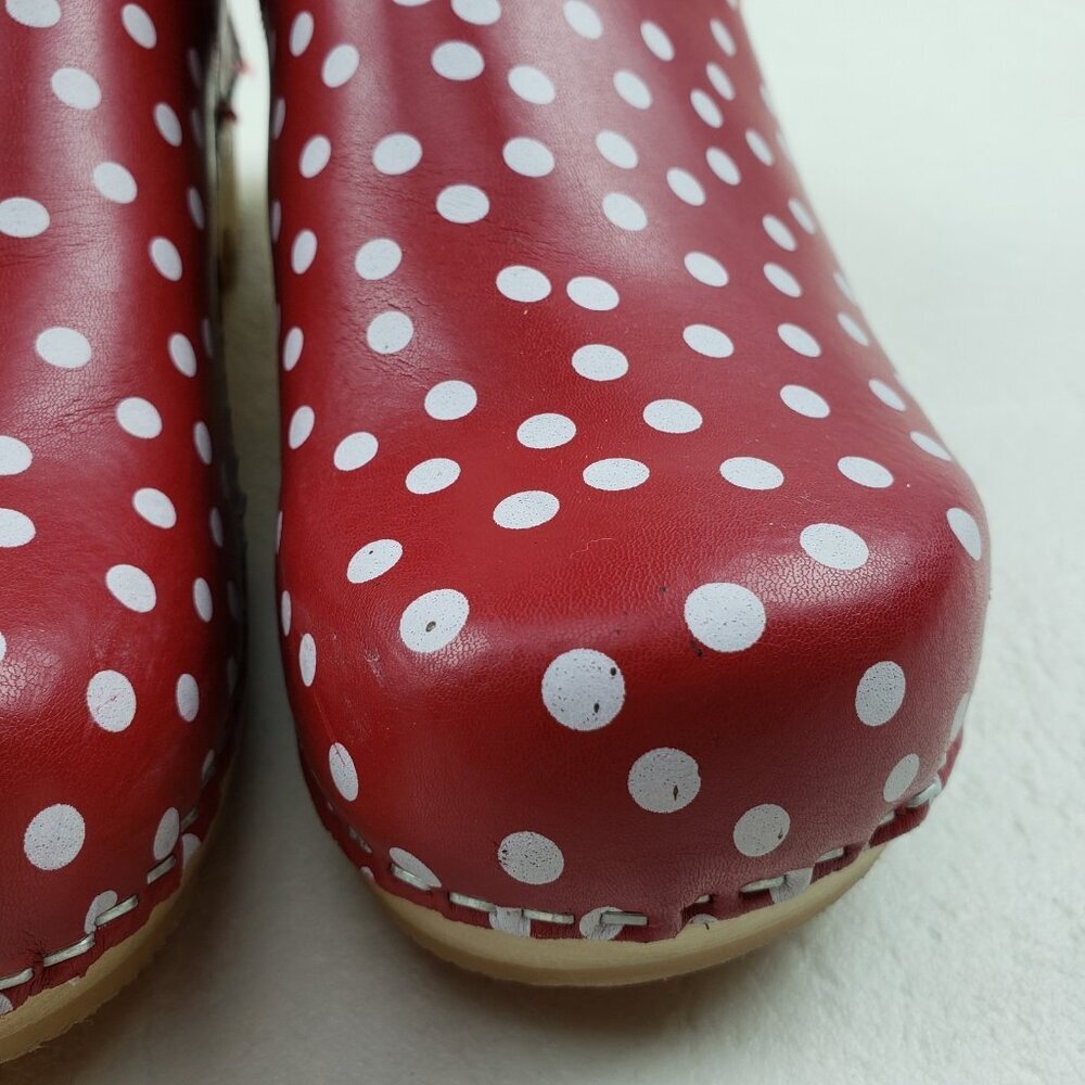 Sanita Fenja Polka Dot Clog Womens US 7 EU 38 Red Leather Slip On Wooden Shoe - Picture 7 of 16